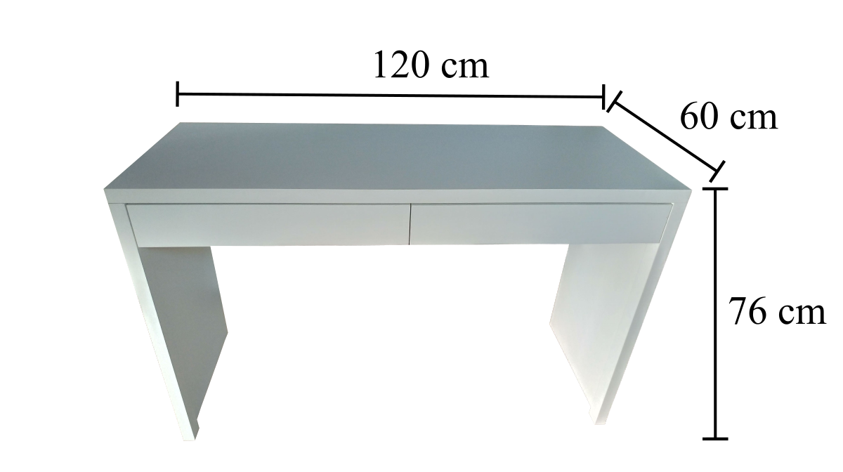 Foto com as dimensões da Escrivaninha 120x60 com duas gavetas. Fabricada pela TreeMobili em São José dos Campos e Jacareí